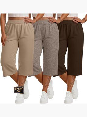Plus Size Wide Leg Capri Sweatpants 3 Pack Comfy Yoga Pants with Pockets